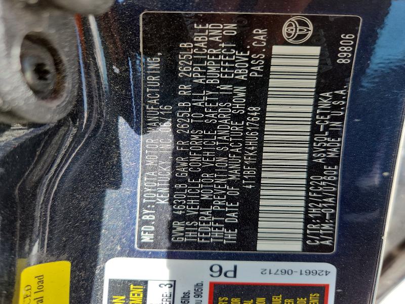 62539986 :رقم المزاد ، 4T1BF1FK4HU617648 vin ، 2017 Toyota Camry مزاد بيع