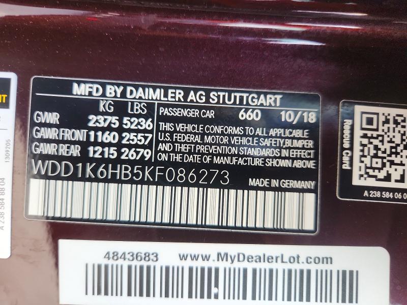Aukcja sprzedaży 2019 Mercedes-benz E, vin: WDD1K6HB5KF086273, numer aukcji: 59015446