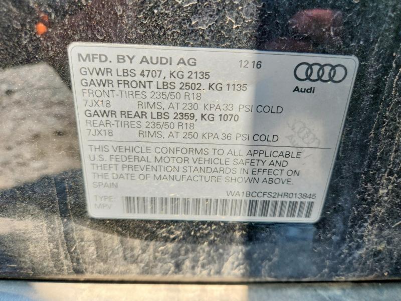 2017 Audi Q3 მანქანა იყიდება აუქციონზე, vin: WA1BCCFS2HR013845, აუქციონის ნომერი: 59768206