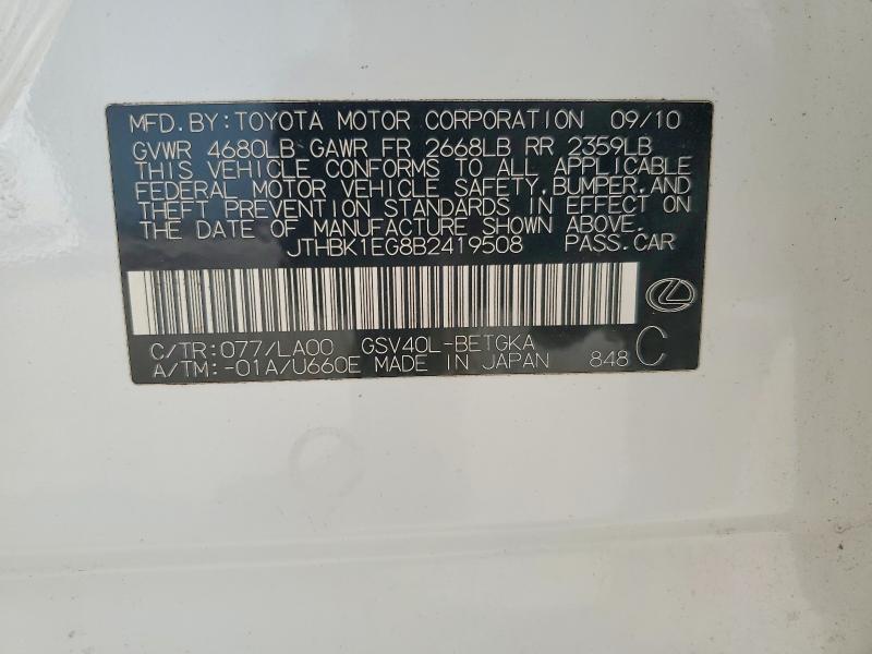 2011 Lexus Es მანქანა იყიდება აუქციონზე, vin: JTHBK1EG8B2419508, აუქციონის ნომერი: 61234466