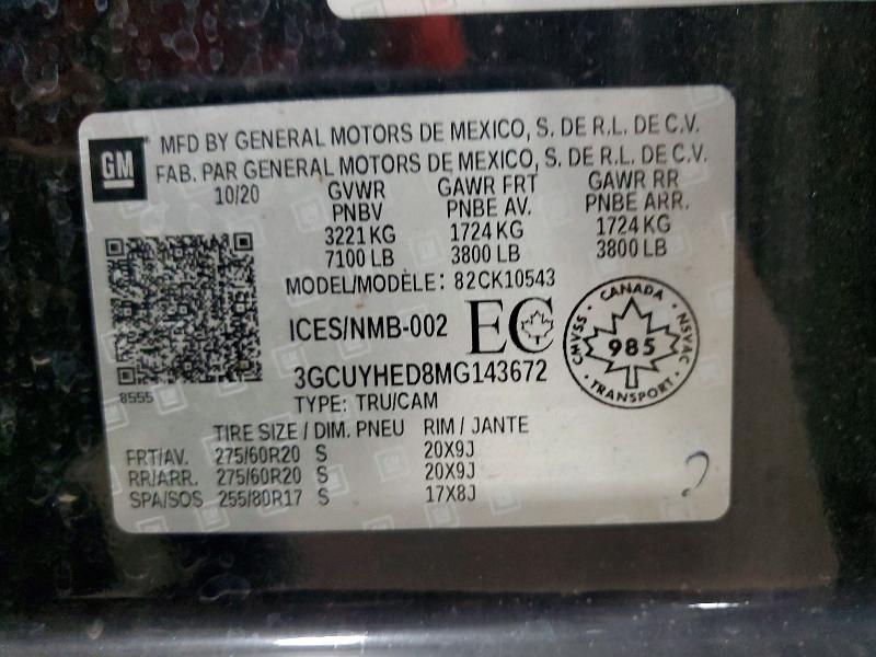 Aukcja sprzedaży 2021 Chevrolet Silverado, vin: 3GCUYHED8MG143672, numer aukcji: 59785126