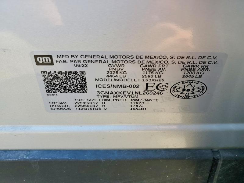 85447095 :رقم المزاد ، 3GNAXKEV1NL260246 vin ، 2022 Chevrolet Equinox مزاد بيع