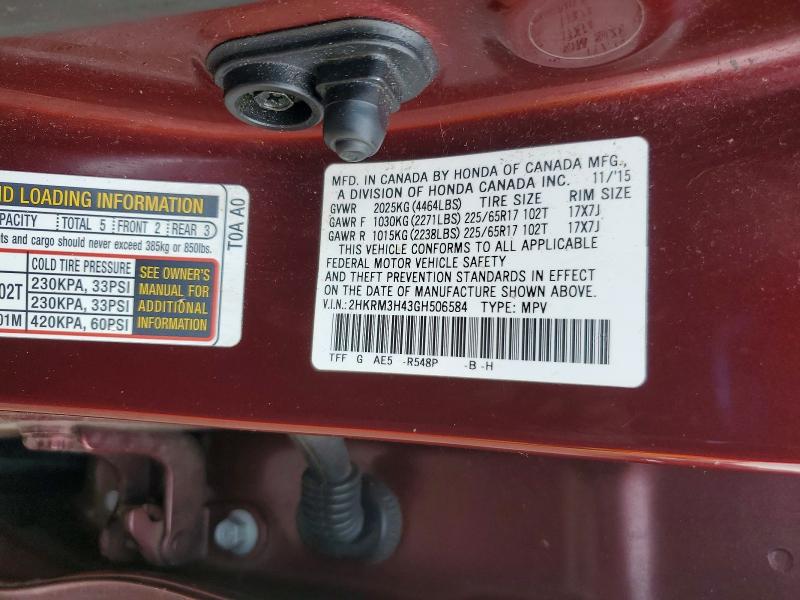 Aukcja sprzedaży 2016 Honda Cr-v, vin: 2HKRM3H43GH506584, numer aukcji: 59184596