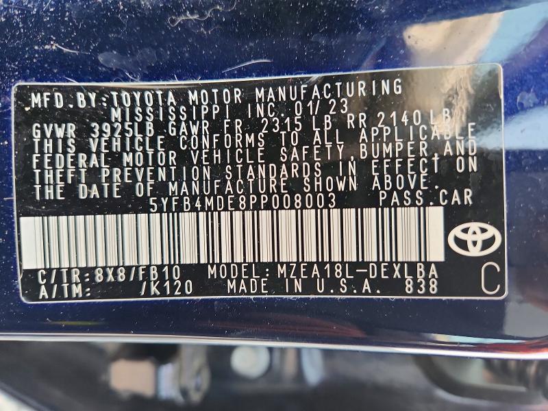 Продажа на аукционе авто 2023 Toyota Corolla, vin: 5YFB4MDE8PP008003, номер лота: 61365246