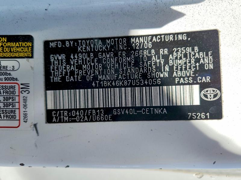 Продажа на аукционе авто 2007 Toyota Camry, vin: 4T1BK46K87U534056, номер лота: 63060136