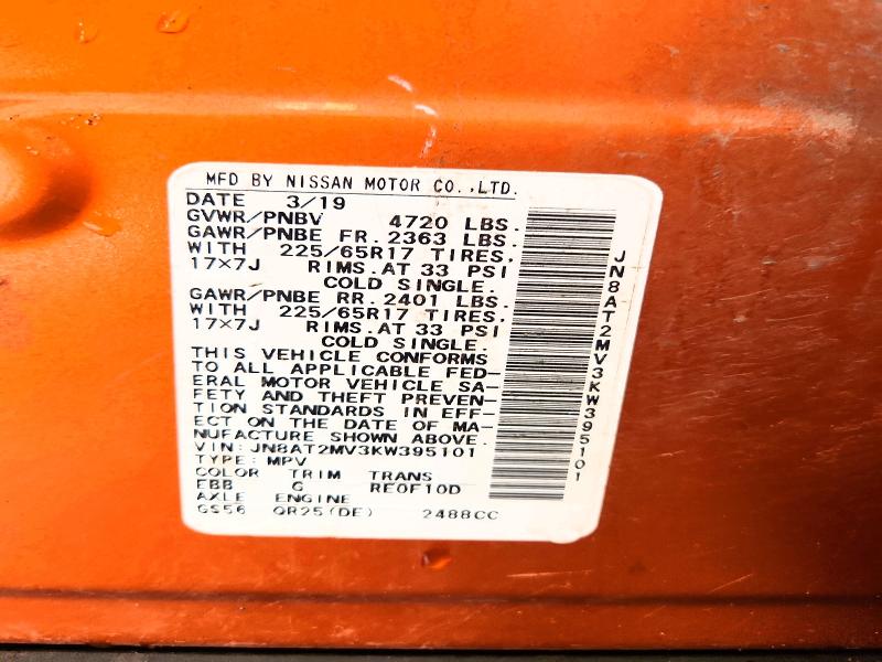 2019 Nissan Rogue მანქანა იყიდება აუქციონზე, vin: JN8AT2MV3KW395101, აუქციონის ნომერი: 61025106