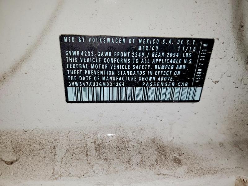 2016 Volkswagen Gti მანქანა იყიდება აუქციონზე, vin: 3VW547AU3GM031364, აუქციონის ნომერი: 56980036