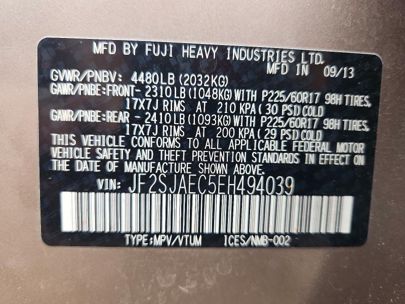 Продаж на аукціоні авто 2014 Subaru Forester, vin: JF2SJAEC5EH494039, номер лоту: 62111676