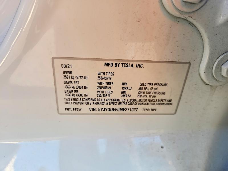 Продажа на аукционе авто 2021 Tesla Model Y, vin: 5YJYGDEE0MF271027, номер лота: 59842456