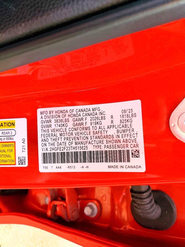 Продажа на аукционе авто 2026 Honda Civic, vin: 2HGFE2F23TH515625, номер лота: 61000906