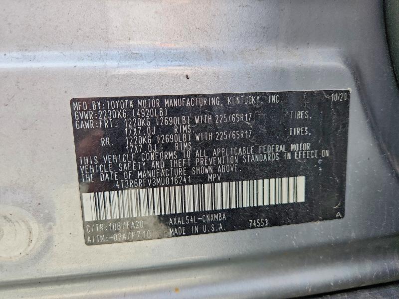 2021 Toyota Rav4 Hybrid მანქანა იყიდება აუქციონზე, vin: 4T3R6RFV3MU016241, აუქციონის ნომერი: 62202446