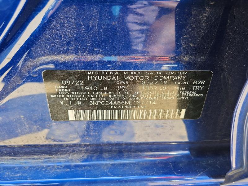 Продаж на аукціоні авто 2022 Hyundai Accent, vin: 3KPC24A66NE187714, номер лоту: 60355506