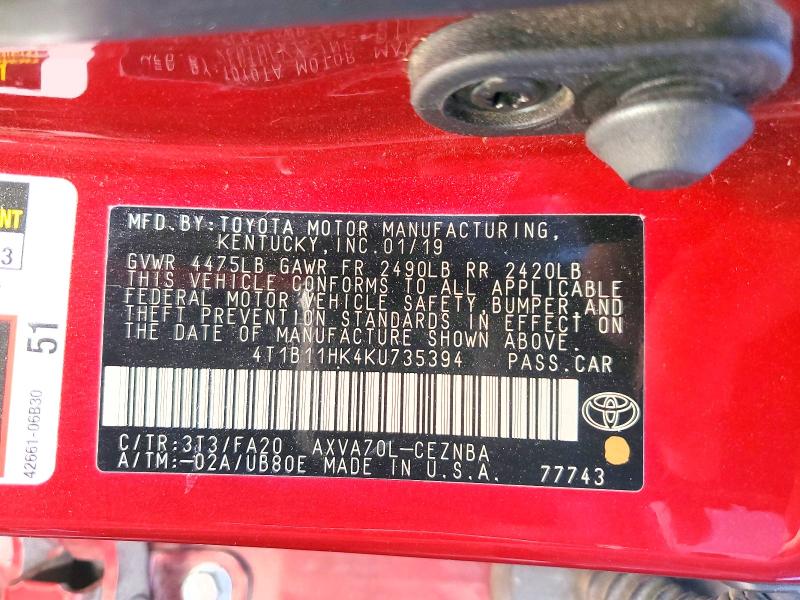 60532856 :رقم المزاد ، 4T1B11HK4KU735394 vin ، 2019 Toyota Camry مزاد بيع