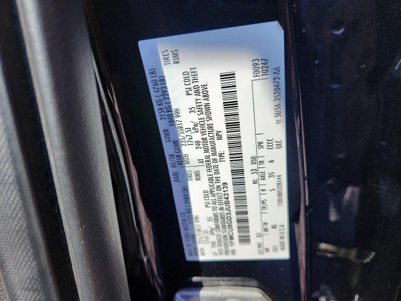 Продаж на аукціоні авто 2018 Ford Escape, vin: 1FMCU9GD3JUB43139, номер лоту: 59631046