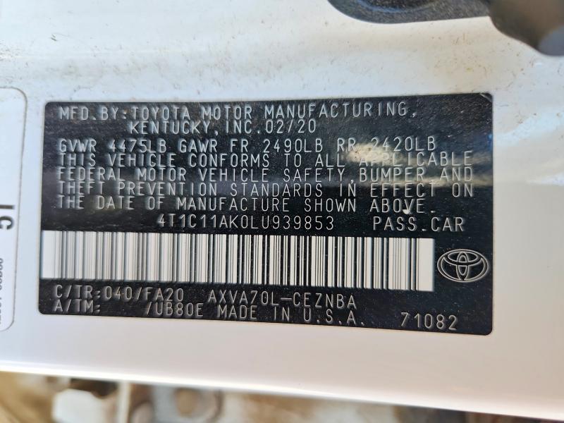 Auction sale of the 2020 Toyota Camry, vin: 4T1C11AK0LU939853, lot number: 60312906