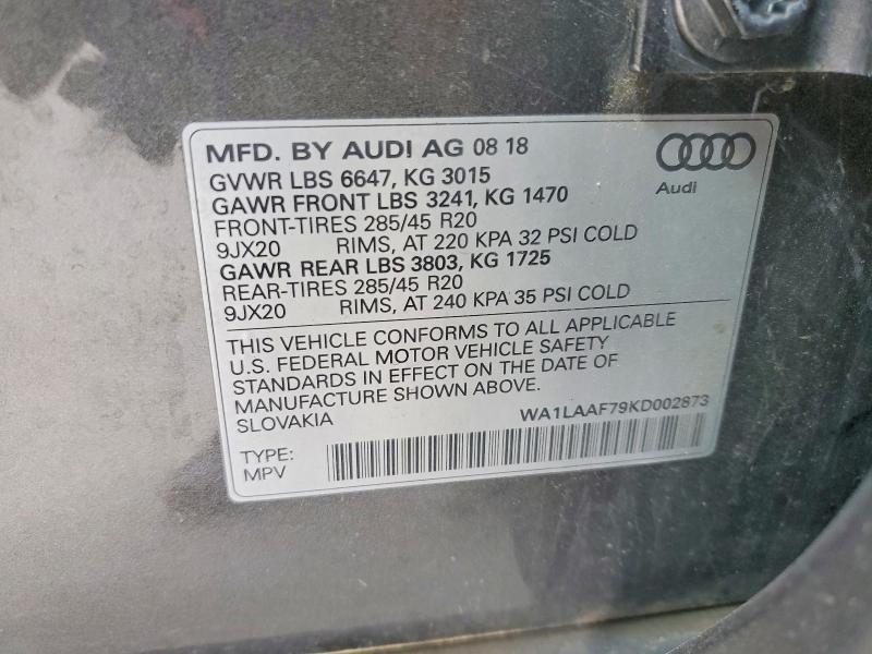 62217426 :رقم المزاد ، WA1LAAF79KD002873 vin ، 2019 Audi Q7 مزاد بيع