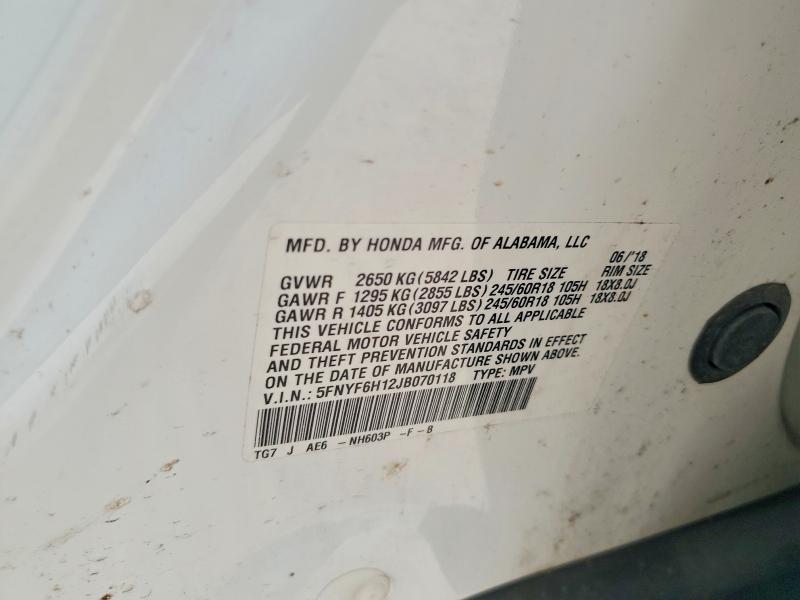 2018 Honda Pilot მანქანა იყიდება აუქციონზე, vin: 5FNYF6H12JB070118, აუქციონის ნომერი: 60814726