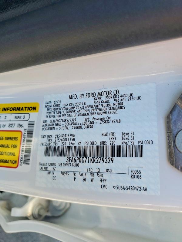 Aukcja sprzedaży 2019 Ford Fusion, vin: 3FA6P0G71KR279329, numer aukcji: 60323436