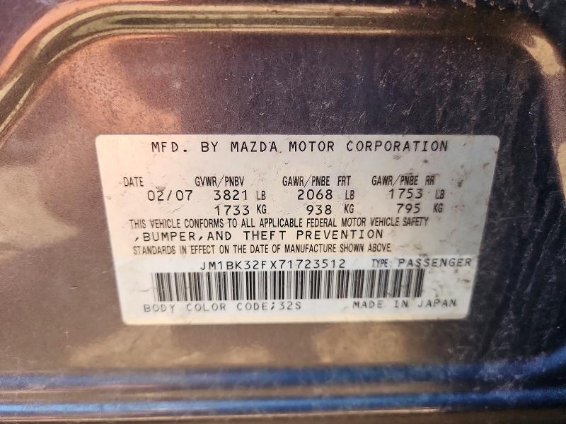 62884706 :رقم المزاد ، JM1BK32FX71723512 vin ، 2007 Mazda 3 مزاد بيع