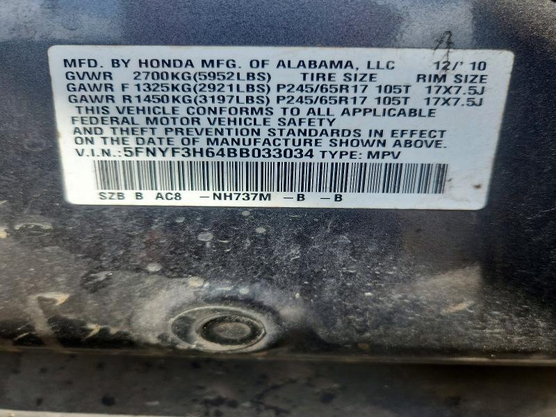 Продаж на аукціоні авто 2011 Honda Pilot, vin: 5FNYF3H64BB033034, номер лоту: 60460186