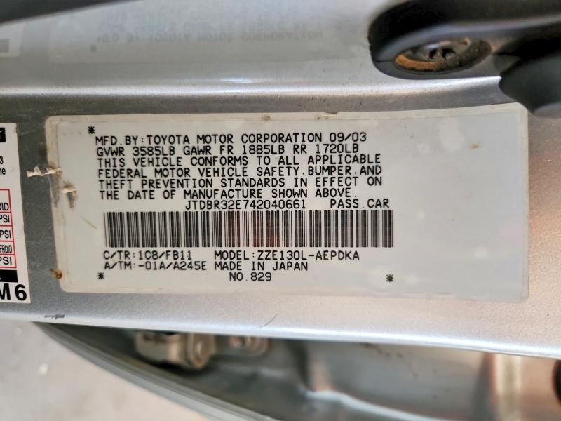 Продажа на аукционе авто 2004 Toyota Corolla, vin: JTDBR32E742040661, номер лота: 59389456