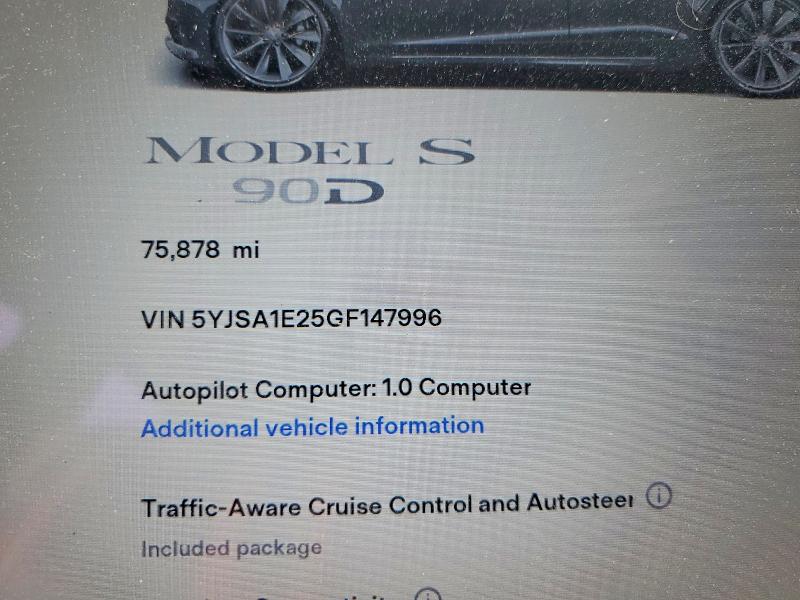 2016 Tesla Model S მანქანა იყიდება აუქციონზე, vin: 5YJSA1E25GF147996, აუქციონის ნომერი: 62860336