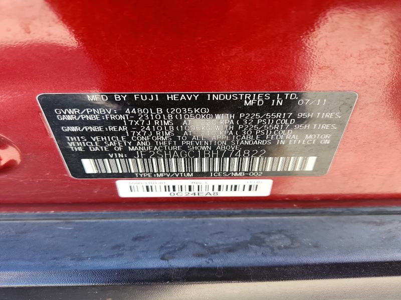 2011 Subaru Forester მანქანა იყიდება აუქციონზე, vin: JF2SHAGC1BH774822, აუქციონის ნომერი: 59730306