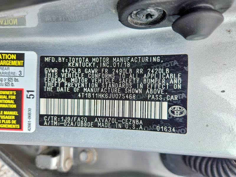2018 Toyota Camry მანქანა იყიდება აუქციონზე, vin: 4T1B11HK6JU075468, აუქციონის ნომერი: 60111096