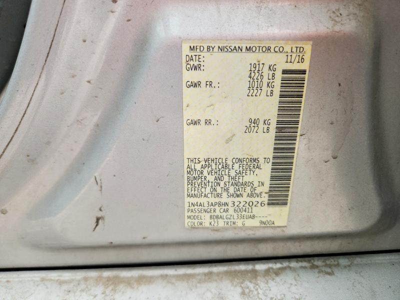 2017 Nissan Altima მანქანა იყიდება აუქციონზე, vin: 1N4AL3AP8HN322026, აუქციონის ნომერი: 62903356