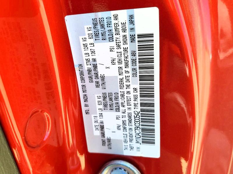 59992446 :رقم المزاد ، JM1NDAC76K0300542 vin ، 2019 Mazda Mx-5 Miata مزاد بيع