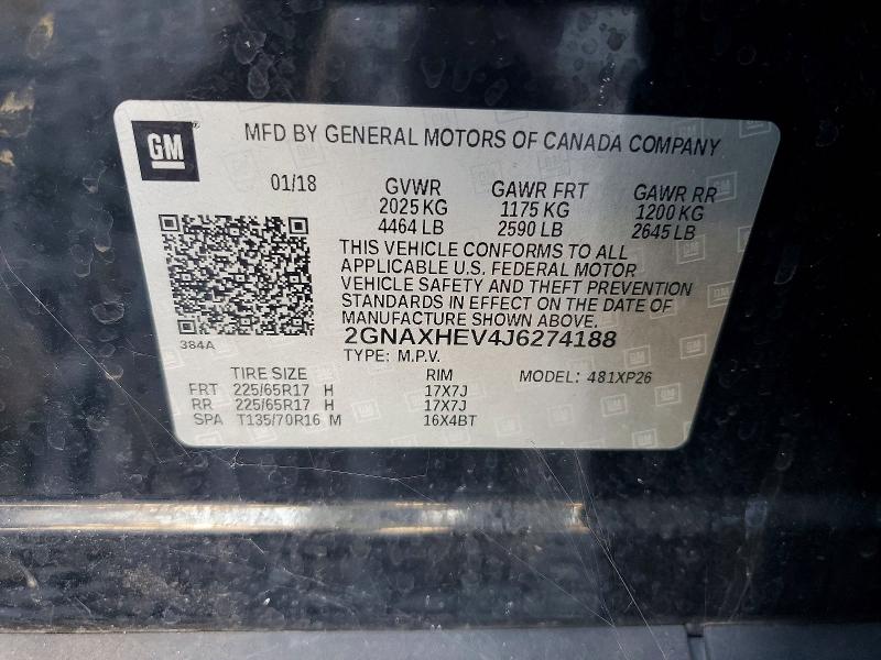 60178176 :رقم المزاد ، 2GNAXHEV4J6274188 vin ، 2018 Chevrolet Equinox مزاد بيع