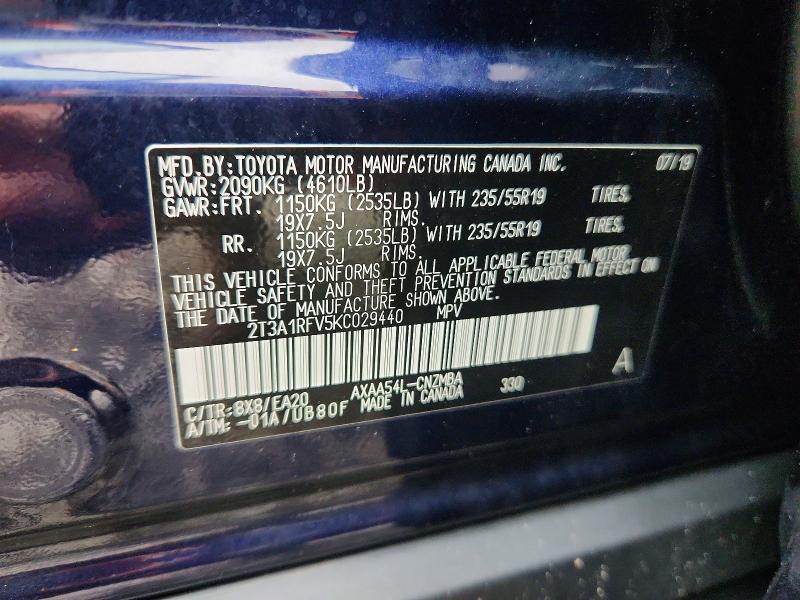 2019 Toyota Rav4 მანქანა იყიდება აუქციონზე, vin: 2T3A1RFV5KC029440, აუქციონის ნომერი: 62676876