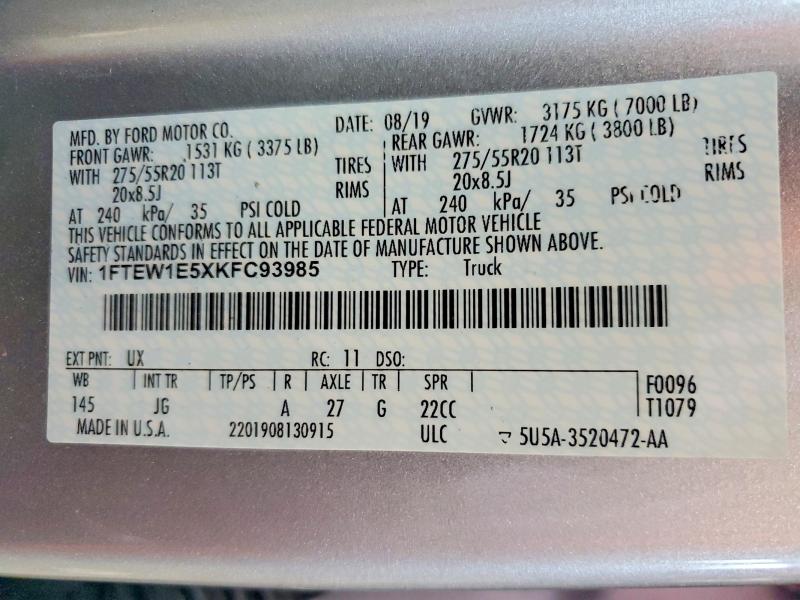 Продаж на аукціоні авто 2019 Ford F150, vin: 1FTEW1E5XKFC93985, номер лоту: 59351936