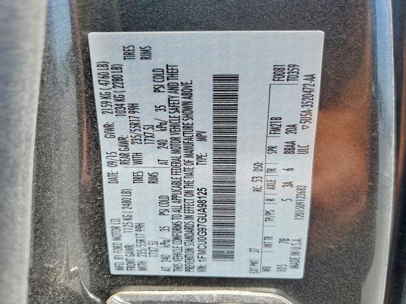 Продаж на аукціоні авто 2016 Ford Escape, vin: 1FMCU0G97GUA98125, номер лоту: 60599696