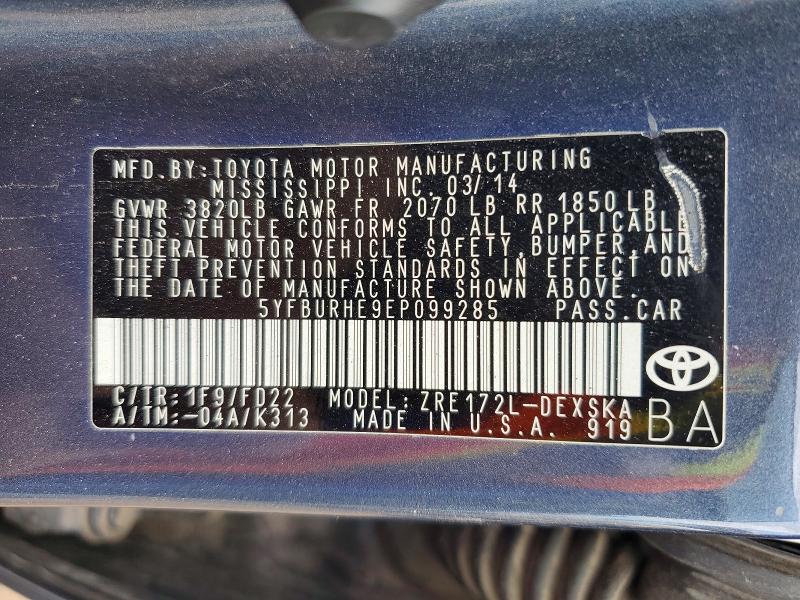 Продажа на аукционе авто 2014 Toyota Corolla, vin: 5YFBURHE9EP099285, номер лота: 62079926
