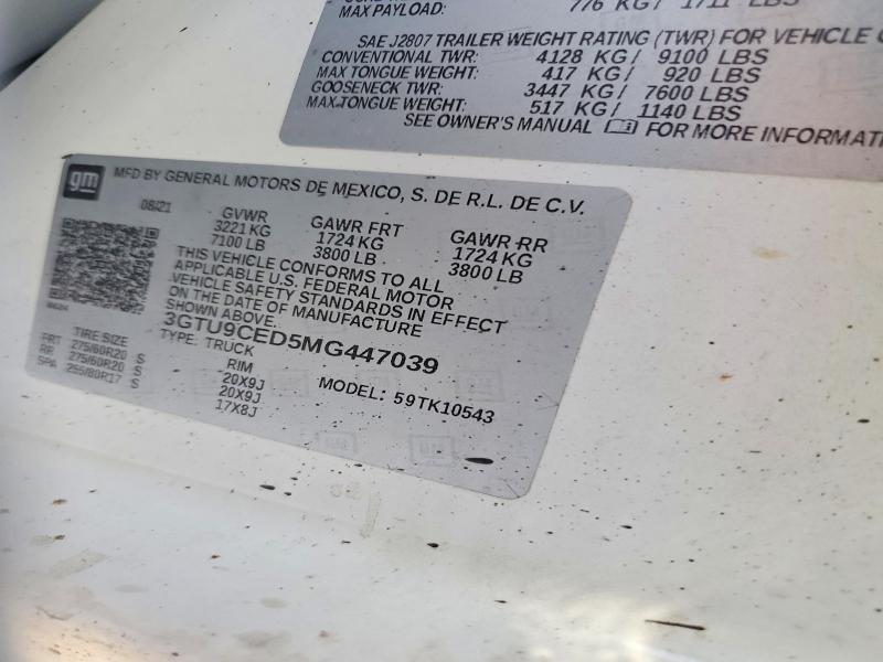 2021 Gmc Sierra მანქანა იყიდება აუქციონზე, vin: 3GTU9CED5MG447039, აუქციონის ნომერი: 63311876