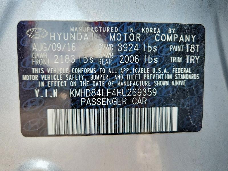 2017 Hyundai Elantra მანქანა იყიდება აუქციონზე, vin: KMHD84LF4HU269359, აუქციონის ნომერი: 61211756