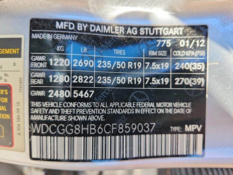 61573816 :رقم المزاد ، WDCGG8HB6CF859037 vin ، 2012 Mercedes-benz Glk مزاد بيع