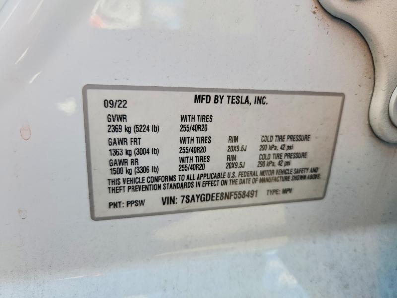 60512686 :رقم المزاد ، 7SAYGDEE8NF558491 vin ، 2022 Tesla Model Y مزاد بيع