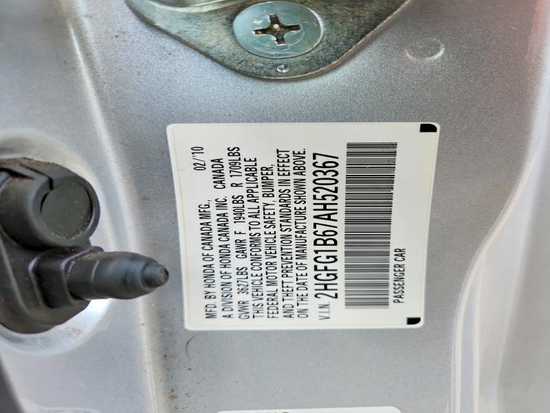 61516016 :رقم المزاد ، 2HGFG1B67AH520367 vin ، 2010 Honda Civic مزاد بيع