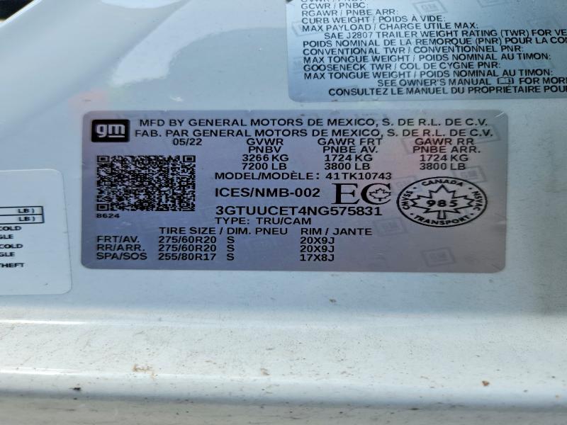 Aukcja sprzedaży 2022 Gmc Sierra, vin: 3GTUUCET4NG575831, numer aukcji: 62717396