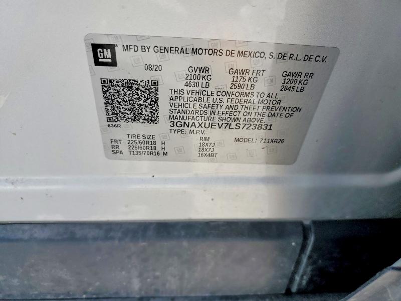2020 Chevrolet Equinox მანქანა იყიდება აუქციონზე, vin: 3GNAXUEV7LS723831, აუქციონის ნომერი: 60363476