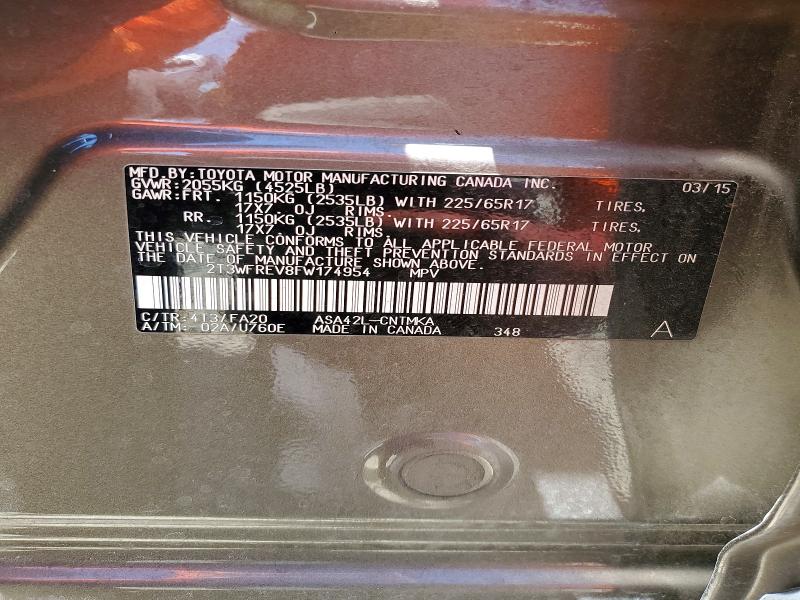 Продаж на аукціоні авто 2015 Toyota Rav4, vin: 2T3WFREV8FW174954, номер лоту: 62683556