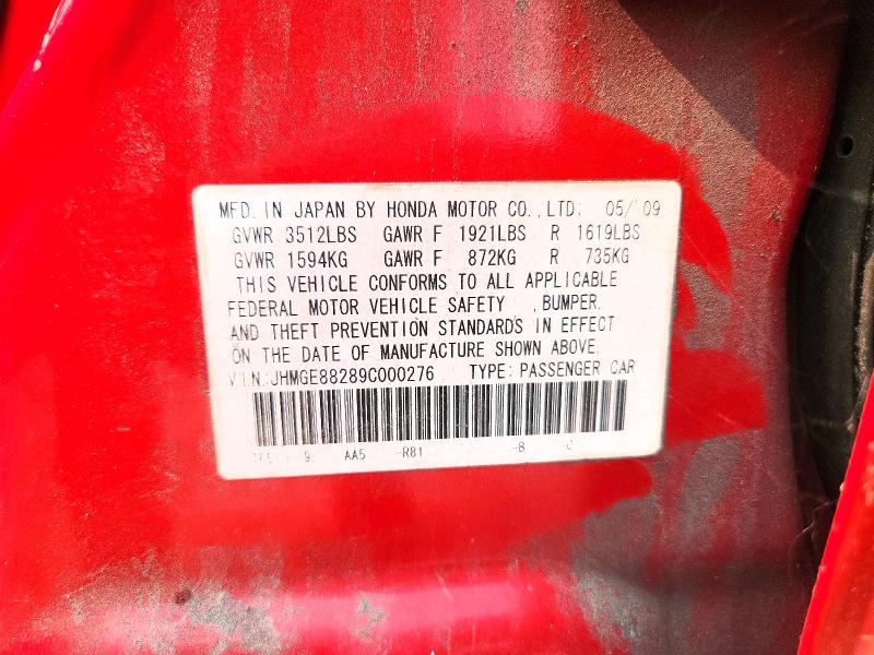2009 Honda Fit მანქანა იყიდება აუქციონზე, vin: JHMGE88289C000276, აუქციონის ნომერი: 60897746