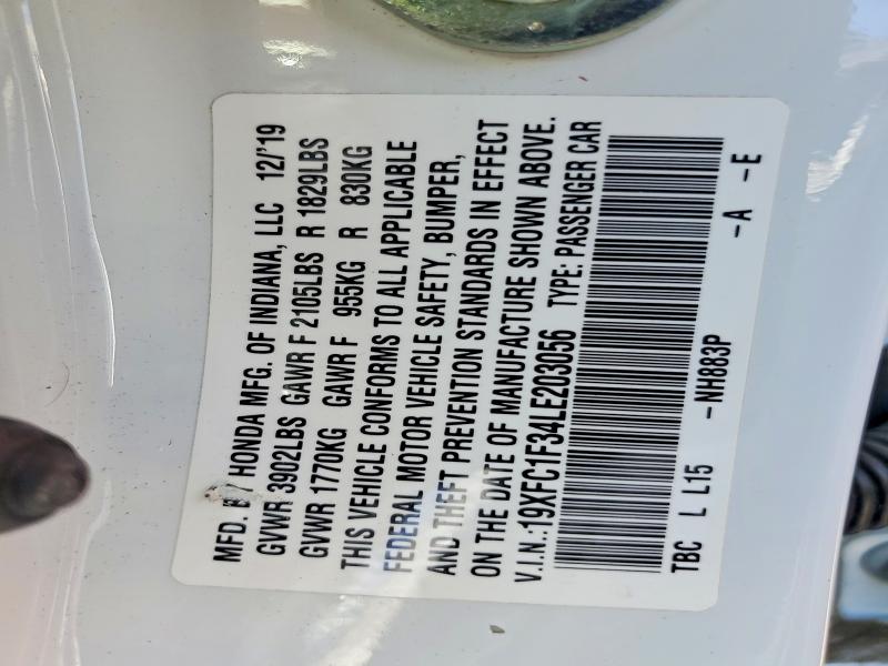 2020 Honda Civic მანქანა იყიდება აუქციონზე, vin: 19XFC1F34LE203056, აუქციონის ნომერი: 61391656