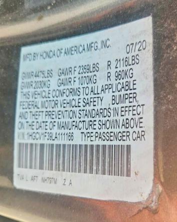 62212796 :رقم المزاد ، 1HGCV1F39LA111166 vin ، 2020 Honda Accord مزاد بيع