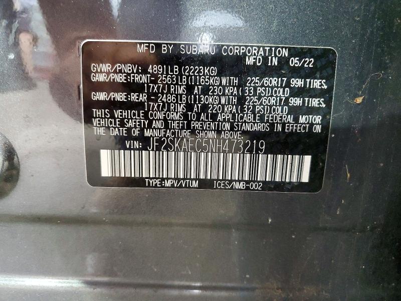 59907456 :رقم المزاد ، JF2SKAEC5NH473219 vin ، 2022 Subaru Forester مزاد بيع