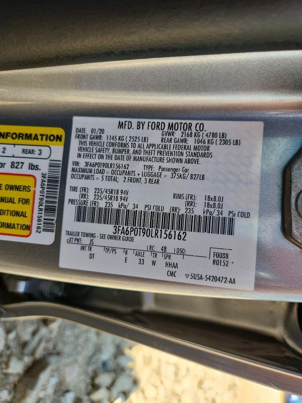 2020 Ford Fusion მანქანა იყიდება აუქციონზე, vin: 3FA6P0T90LR156162, აუქციონის ნომერი: 63339696