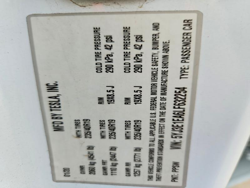 2020 Tesla Model 3 მანქანა იყიდება აუქციონზე, vin: 5YJ3E1EA6LF632254, აუქციონის ნომერი: 60296026