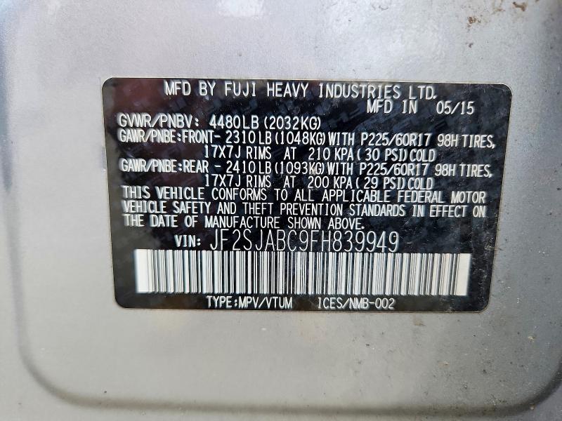 62825066 :رقم المزاد ، JF2SJABC9FH839949 vin ، 2015 Subaru Forester مزاد بيع